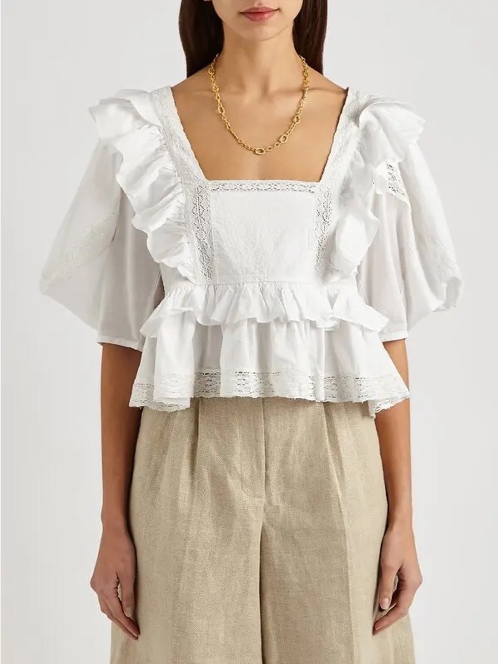 Olivaceous White Puff Sleeve Cropped Blouse